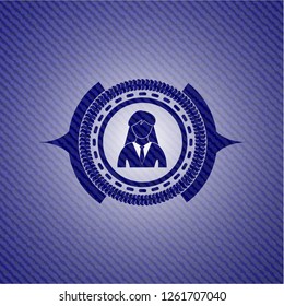 businesswoman icon inside badge with jean texture
