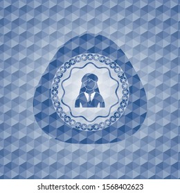 businesswoman icon inside blue badge with geometric pattern.