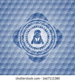 businesswoman icon inside blue emblem with geometric background.