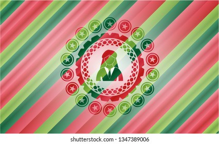 businesswoman icon inside christmas colors badge.