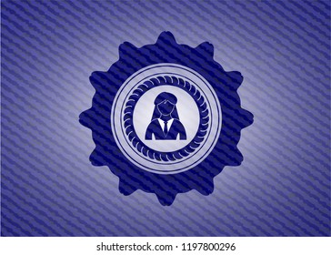 businesswoman icon inside emblem with denim high quality background