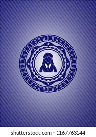 businesswoman icon inside emblem with jean background