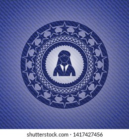 businesswoman icon inside emblem with jean texture