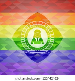 businesswoman icon inside emblem on mosaic background with the colors of the LGBT flag