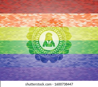 businesswoman icon inside emblem on mosaic background with the colors of the LGBT flag