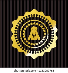 businesswoman icon inside gold emblem