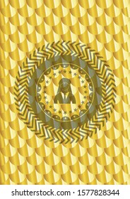 businesswoman icon inside golden emblem or badge. Scales pattern. Vector Illustration. Detailed.