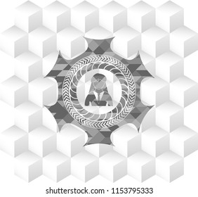 businesswoman icon inside grey badge with geometric cube white background