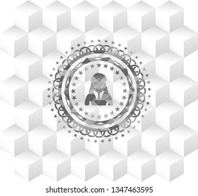 businesswoman icon inside grey emblem. Vintage with geometric cube white background