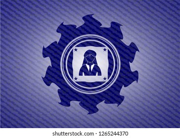 businesswoman icon inside jean or denim emblem or badge background