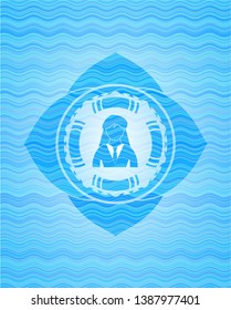 businesswoman icon inside light blue water wave badge background.