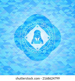 businesswoman icon inside light blue emblem with triangle mosaic background. 