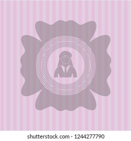 businesswoman icon inside pink emblem. Vintage.