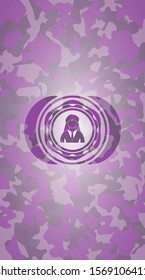 businesswoman icon inside pink and purple camouflage emblem