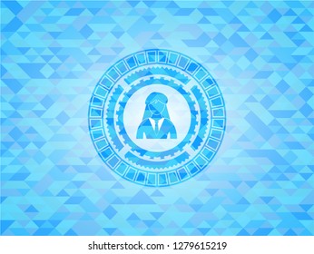 businesswoman icon inside realistic sky blue emblem. Mosaic background