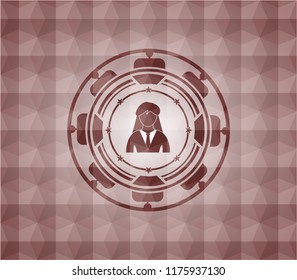 businesswoman icon inside red seamless badge with geometric pattern background.