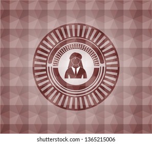 businesswoman icon inside red seamless badge with geometric pattern background.