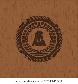 businesswoman icon inside retro wood emblem