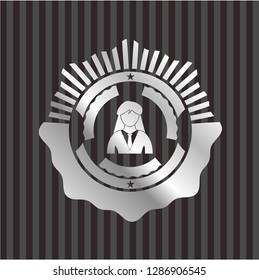 businesswoman icon inside silver badge or emblem