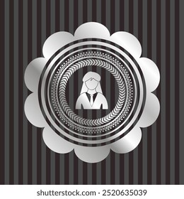 businesswoman icon inside silver badge. 