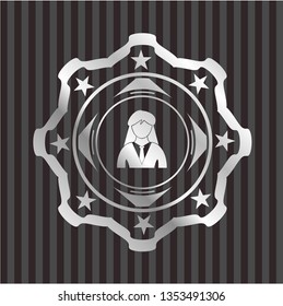 businesswoman icon inside silver emblem