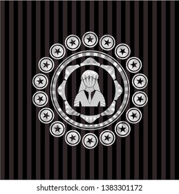 businesswoman icon inside silvery emblem or badge