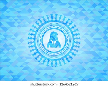 businesswoman icon inside sky blue mosaic emblem