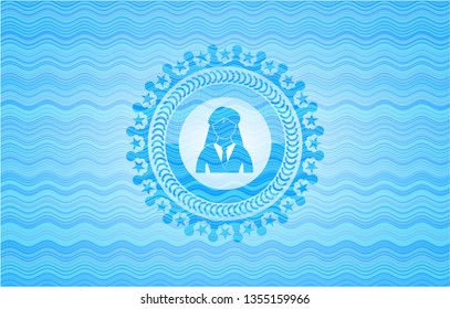 businesswoman icon inside sky blue water wave emblem.