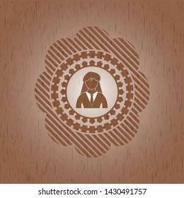 businesswoman icon inside wood emblem. Vintage.