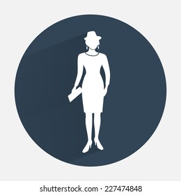 Businesswoman icon. Office worker symbol. Standing elegant women in dress, with hat silhouette. Round dark gray circle flat icon with long shadow. Vector isolated