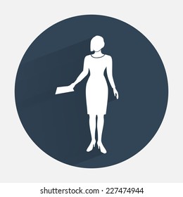 Businesswoman icon. Office worker symbol. Standing elegant women in dress. Round dark gray circle flat icon with long shadow. Vector isolated