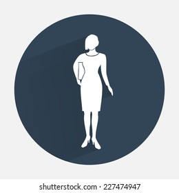 Businesswoman icon. Office worker symbol. Standing elegant women in dress silhouette. Round dark gray circle flat icon with long shadow. Vector isolated