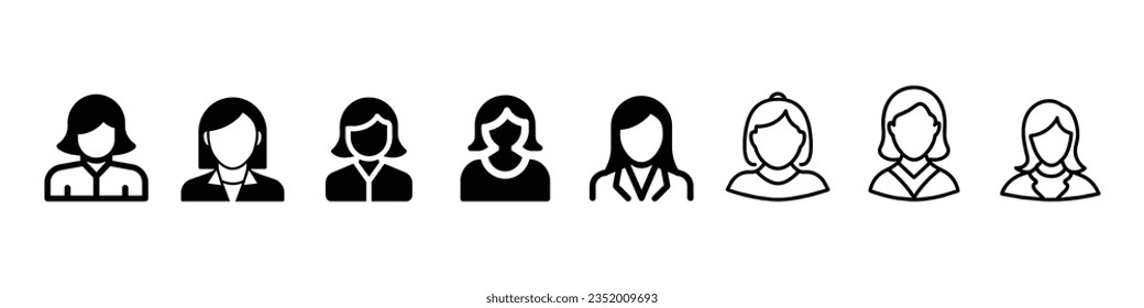 Businesswoman Icon. Professional, Female icon, Woman icon, lady icons vector set. Pretty woman hairstyle icons, female logo, lady or girl icons, business woman logo, User sign Woman or Female