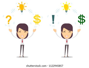 Businesswoman with idea, bulb and money. Business creativity concept. Stock flat vector illustration.