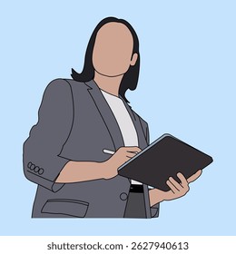Empresária ilustração escrevendo na área de transferência com cor, Design liso profissional feminino levando notas