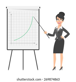 Businesswoman indicates on flip chart and smiling