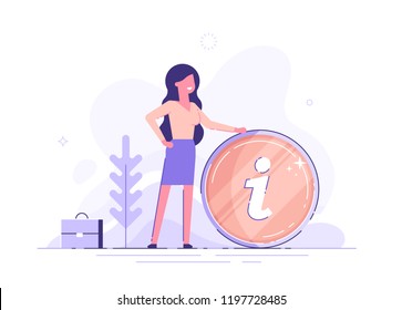 Businesswoman and info sign. Information, FAQ, notice and advertisement concept. Banner for web page. Modern vector illustration.
 