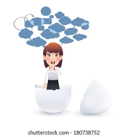 Businesswoman inside an egg over white background. Vector design