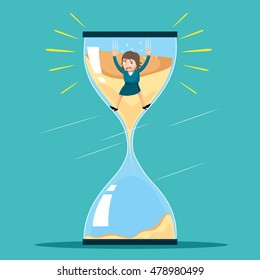 Businesswoman inside the hourglass, vector illustration cartoon