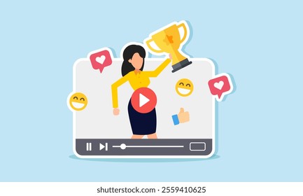 A businesswoman inside promotional media raises and shows a trophy, illustration of presenting and showcasing business achievements and accomplishments