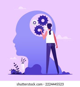 Businesswoman installing gears in human head, business initiative, mindset improvement concept