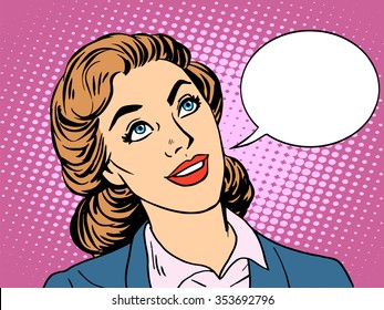 Businesswoman Interested In Communicating Pop Art Retro Style. Beautiful Business Woman Dialogue Conversation. Your Brand Here