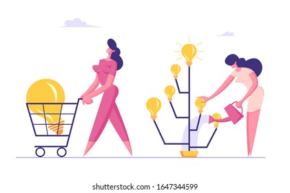 Businesswoman Inventor Growing Idea Tree with Light Bulbs instead of Leaves Giving Harvest to other People. Happy Business Woman Pushing Shopping Cart with Huge Lamp. Cartoon Flat Vector Illustration