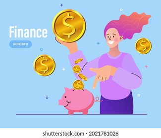 Las mujeres de negocios invierten dinero. Ahorro o acaparamiento de mujeres. Los empleados invierten o ahorran dinero. chica apuntando una moneda en un banco de cerdos. Concepto de gestión de inversiones y finanzas. Ilustración vectorial.