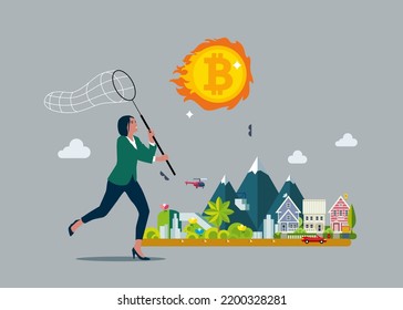 Businesswoman investor chasing try to catch hot fire flying bitcoin. Chasing high performance bitcoin crypto currency in bull market, greedy speculation in Bitcoin trading.