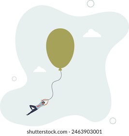 businesswoman investor holding flying balloon tight afraid to fall off.flat vector illustration.