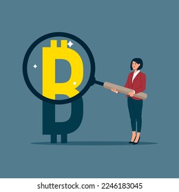 Businesswoman investor holding a magnifying glass analyzing bitcoin prices. Revenue growth or investment profit. Flat vector illustration.