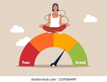 Businesswoman investor meditating on market sentiment gauge. Market sentiment, fear and greed index, emotional on stock market or crypto currency trading indicator, investment risk psychology concept.