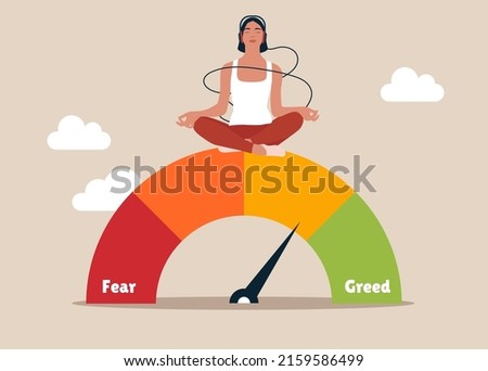 Businesswoman investor meditating on market sentiment gauge. Market sentiment, fear and greed index, emotional on stock market or crypto currency trading indicator, investment risk psychology concept. Stock foto © 
