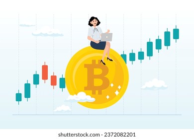 Businesswoman investor using computer to trade crypto on big Bitcoin with candlestick price graph chart, cryptocurrency investing, crypto trading make profit and earning from Bitcoin price (Vector) svg